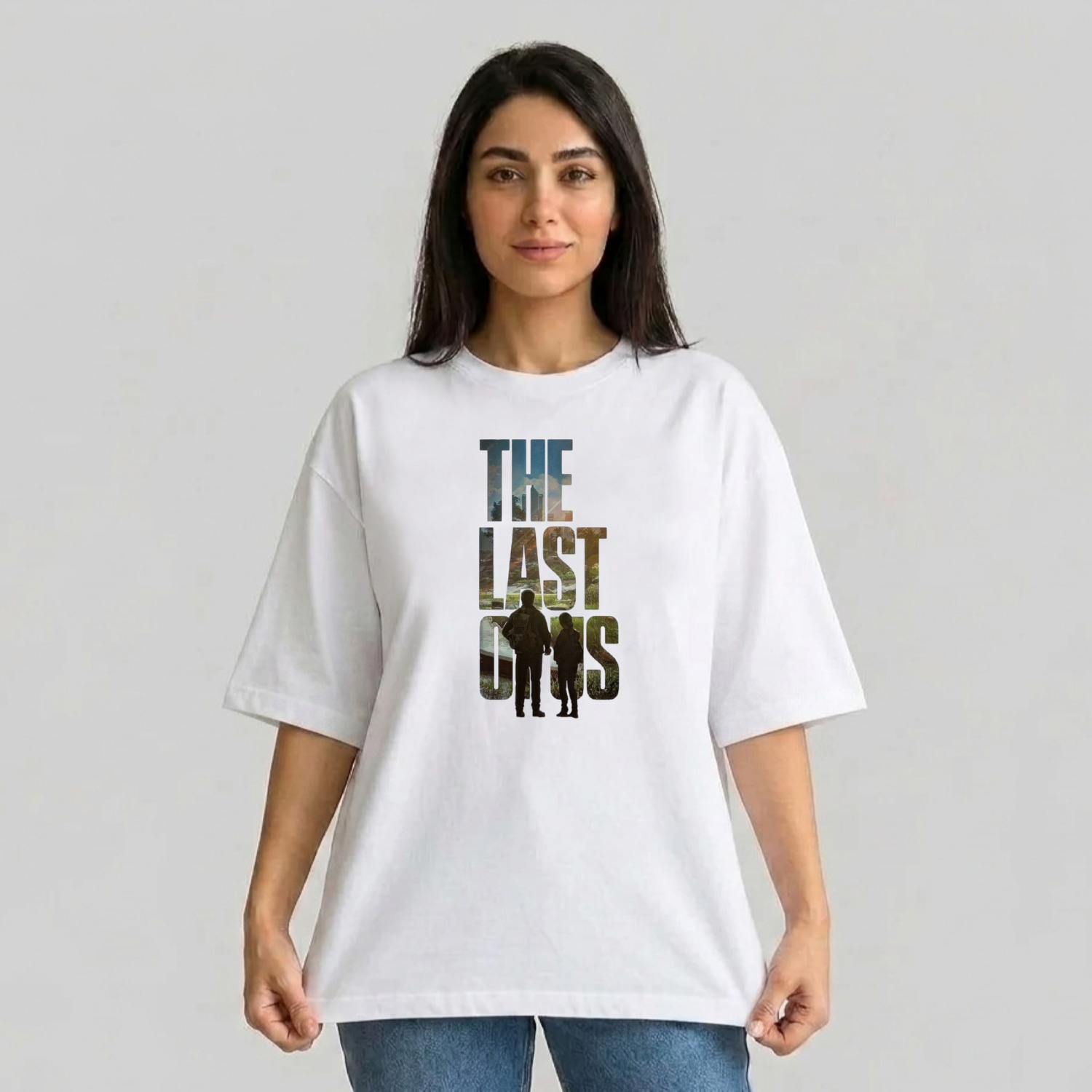 تی شرت آستین سه ربع زنانه مدل باکسی طرح LAST OF US  کد v1