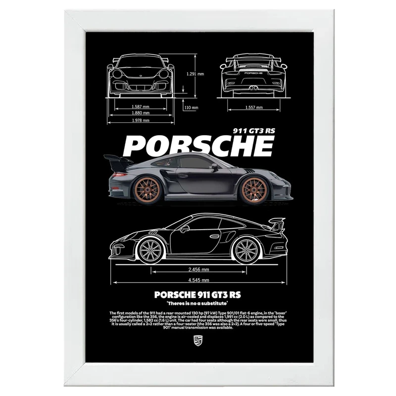 تابلو بکلیت طرح ماشین و خودرو پورشه PORSCHE 911 GT3 RS مدل W-po1568 فریم سفید