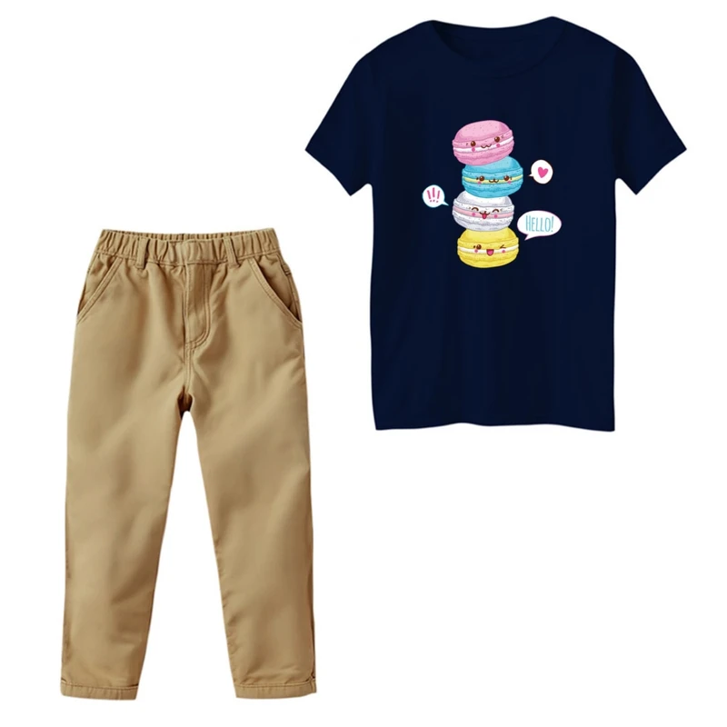 ست تی‌شرت و شلوار دخترانه مدل ماکارون رنگ سرمه ای