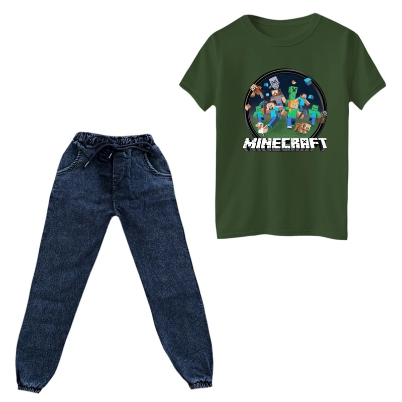 ست تی‌شرت آستین کوتاه و شلوار پسرانه مدل ماینکرفت کد 006