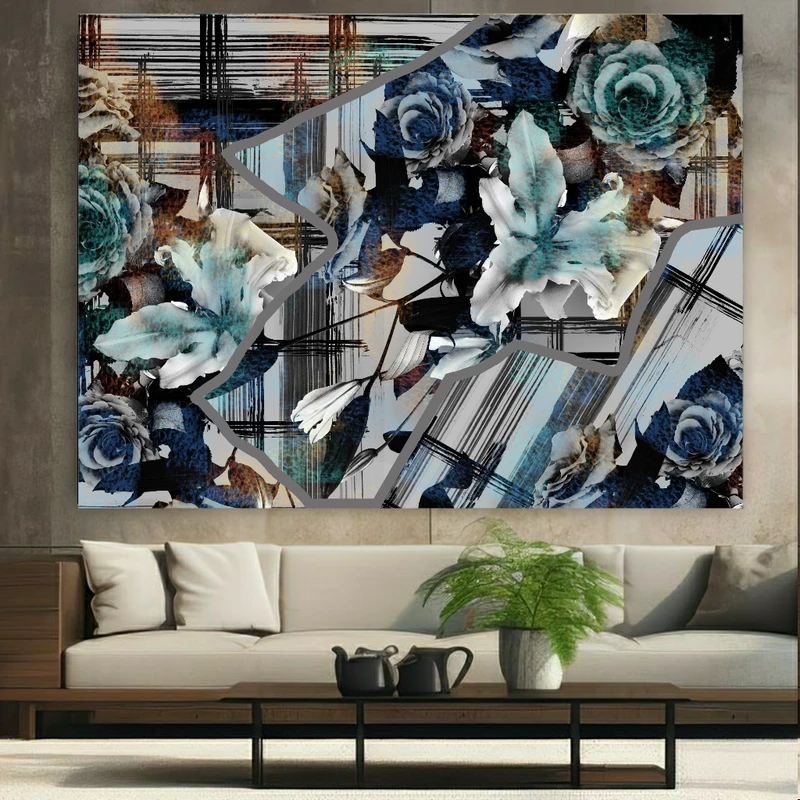 تابلو بوم طرح مخمل انتزاعی گلها مدل پیچش هندسی کد N138