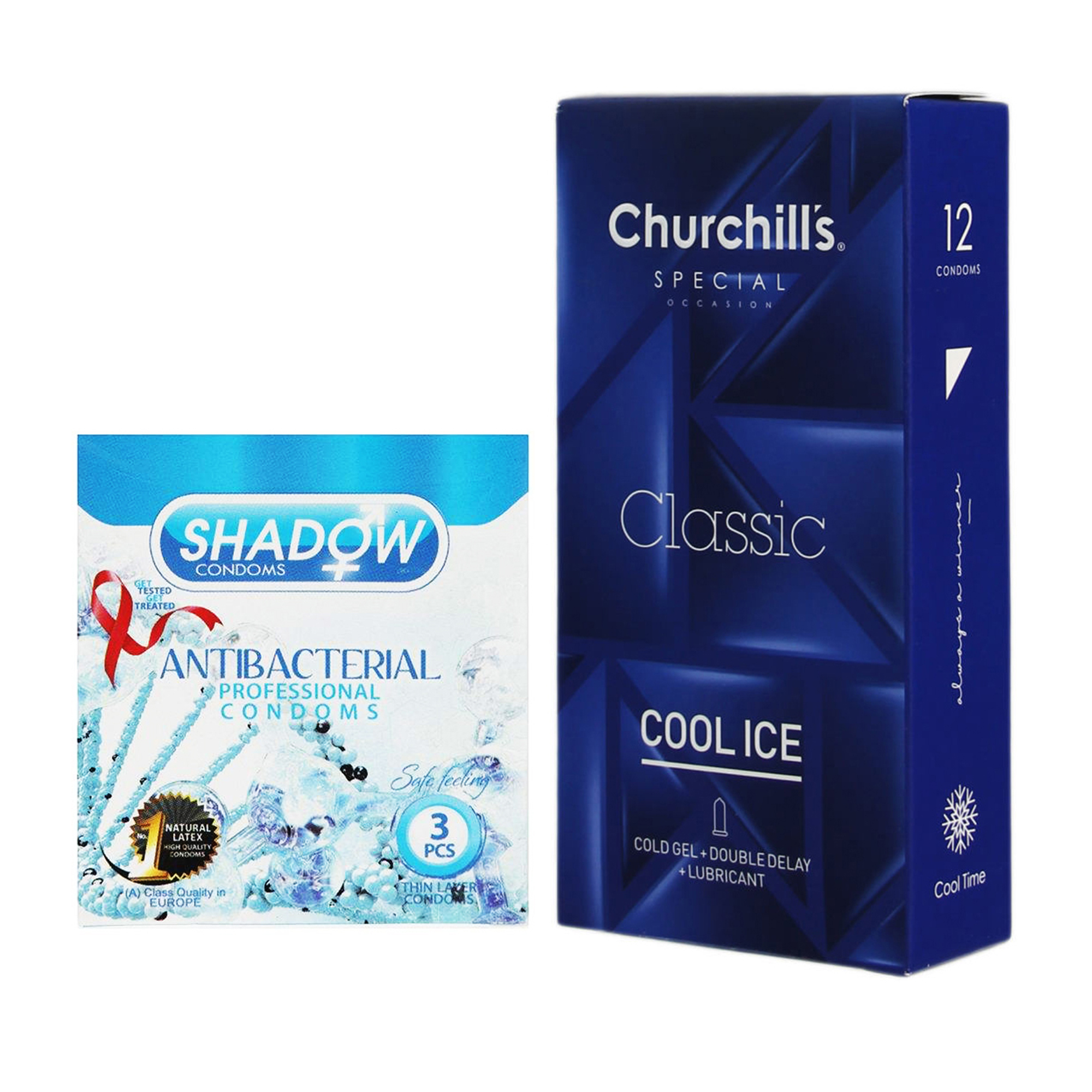 کاندوم چرچیلز مدل Cool Ice بسته 12 عددی به همراه کاندوم شادو مدل Anti Bacterial بسته 3 عددی