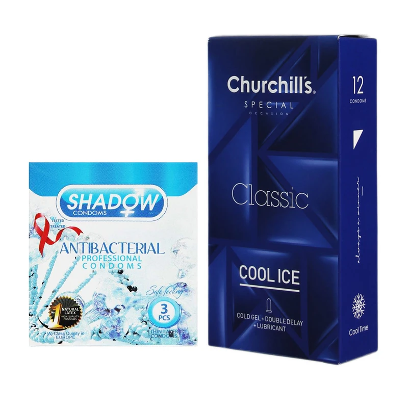 کاندوم چرچیلز مدل Cool Ice بسته 12 عددی به همراه کاندوم شادو مدل Anti Bacterial بسته 3 عددی