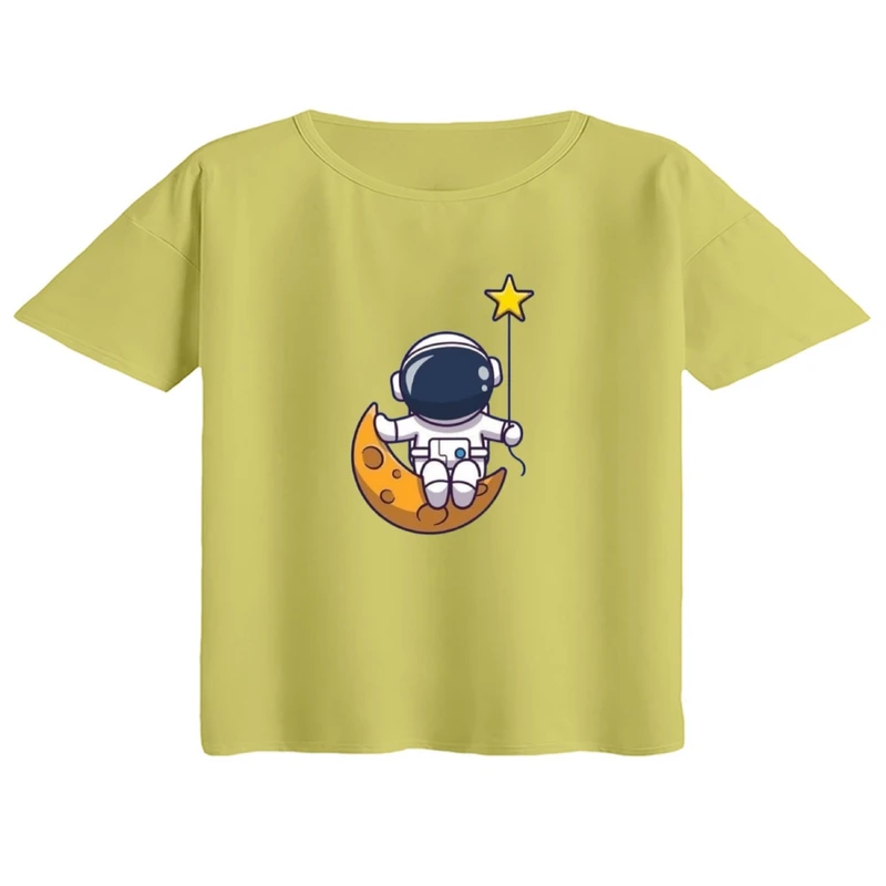 کراپ تی‌شرت آستین کوتاه زنانه مدل فضانورد و ماه