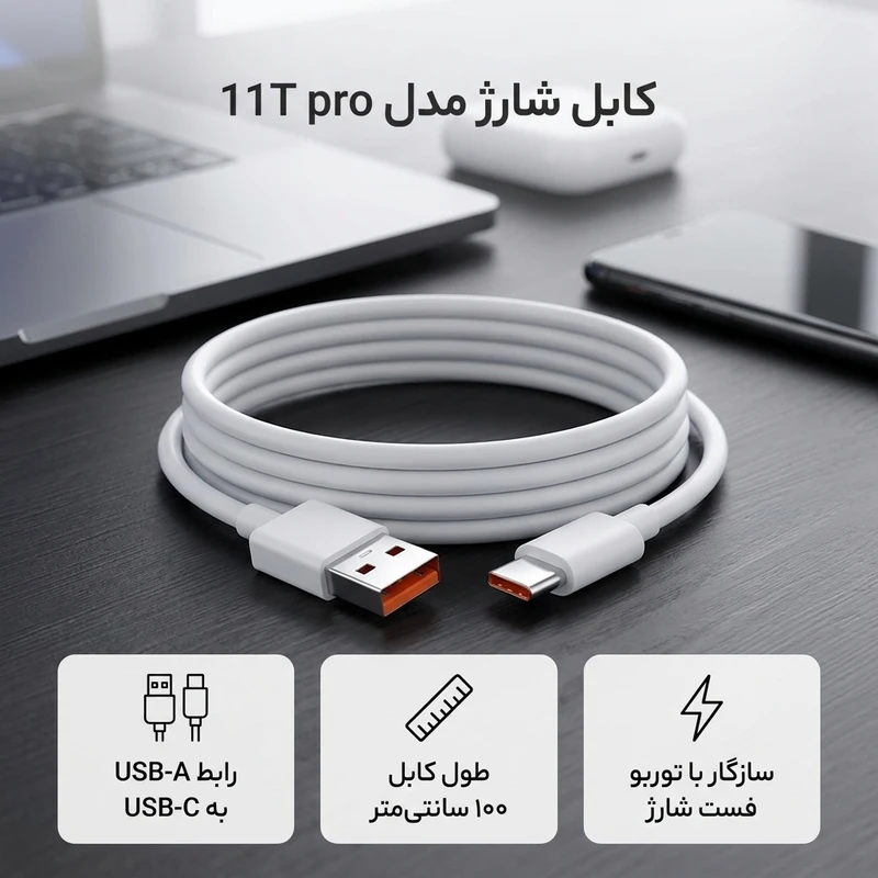 عکس شماره 2 : کابل شارژ usb به usb-c توربو مدل 11t pro طول 1 متر