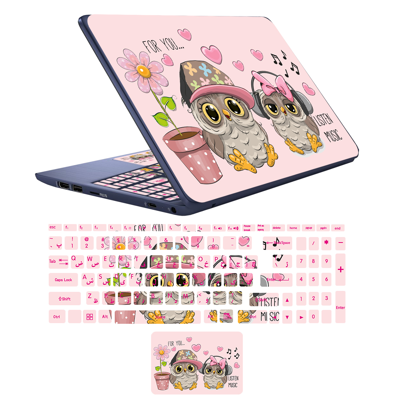 استیکر لپ تاپ مدل OWL-02 مناسب برای لپ تاپ 17 اینچ به همراه برچسب حروف فارسی کیبورد