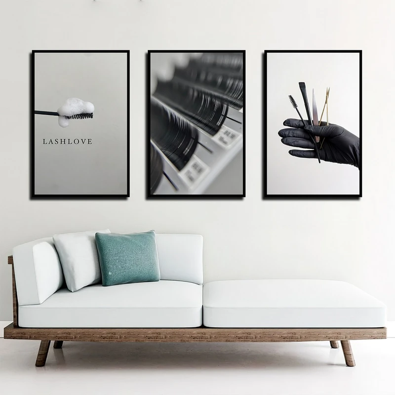 تابلو بکلیت طرح سالن زیبایی و کاشت مژه مدل B-4058 فریم مشکی مجموعه 3 عددی