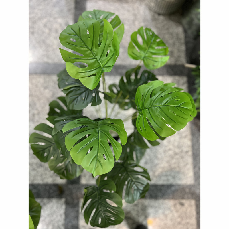 گلدان به همراه درختچه مصنوعی مدل انجیری حفره‌دار 24 برگ کد 24، ابعاد 10×10×90 سانتی‌متر، وزن 300 گرم