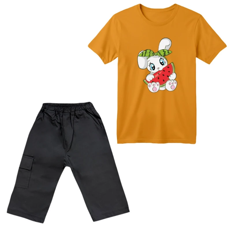 ست تی‌شرت آستین کوتاه و شلوارک دخترانه مدل خرگوش یلدایی کد 6