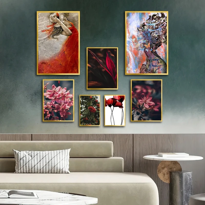 تابلو ساده بکلیت طرح طبیعت و خطاطی مدل شاین اکلیلی T-2611 فریم طلایی مجموعه 7 عددی