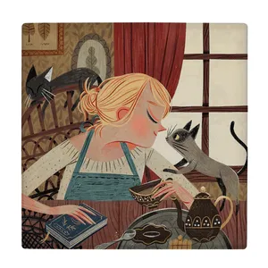 کاشی کارنیلا طرح دختر و گربه ها مدل لوحی کد klh2006