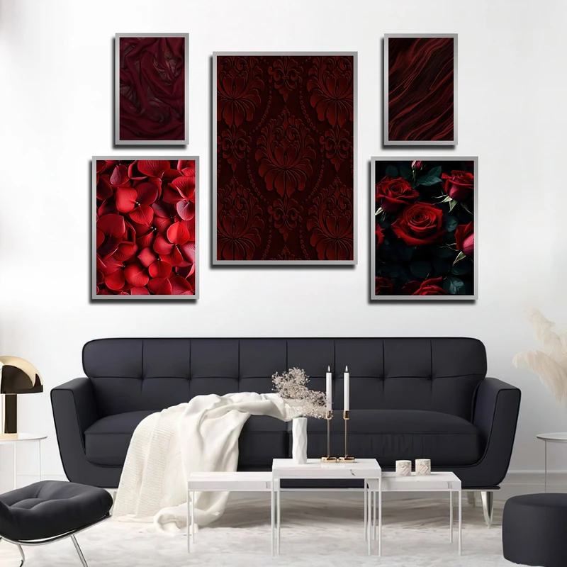تابلو ساده بکلیت طرح طبیعت و گل رز قرمز مدل شاین اکلیلی SI-2995 فریم نقره ای مجموعه 5 عددی