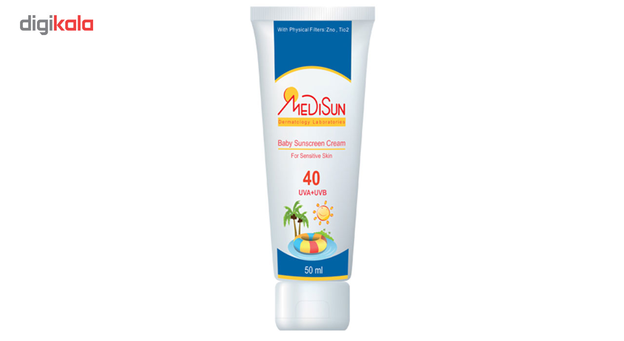 کرم ضد آفتاب کودکان بدون رنگ مدیسان مدل SPF40 مناسب پوست های حساس حجم 50 میلی لیتر