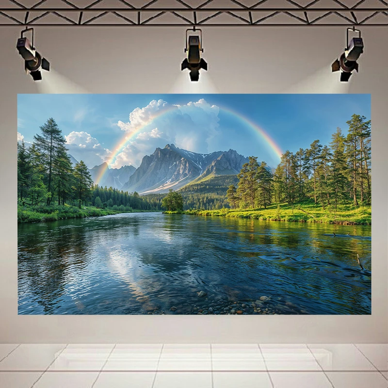 تابلو بوم طرح مخمل طبیعت مدل دریاچه و رنگین کمان