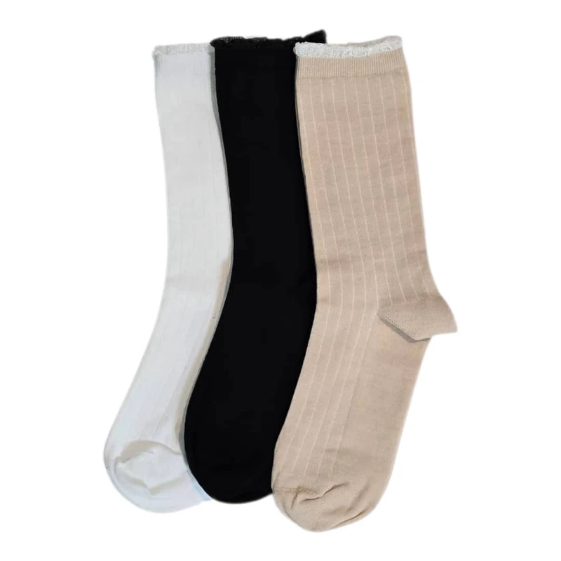 جوراب ساق بلند زنانه مدل ساده لبه تور بسته 3 عددی