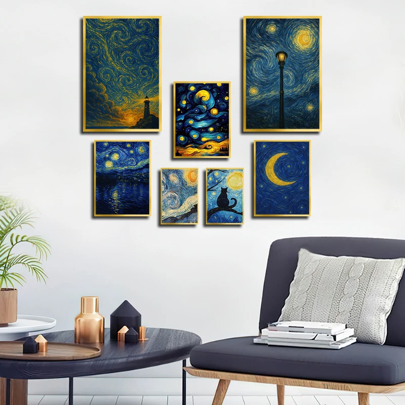 تابلو بکلیت طرح نقاشی رنگ روغن آسمان شب و ماه مدل T-3749 فریم طلایی مجموعه 7 عددی