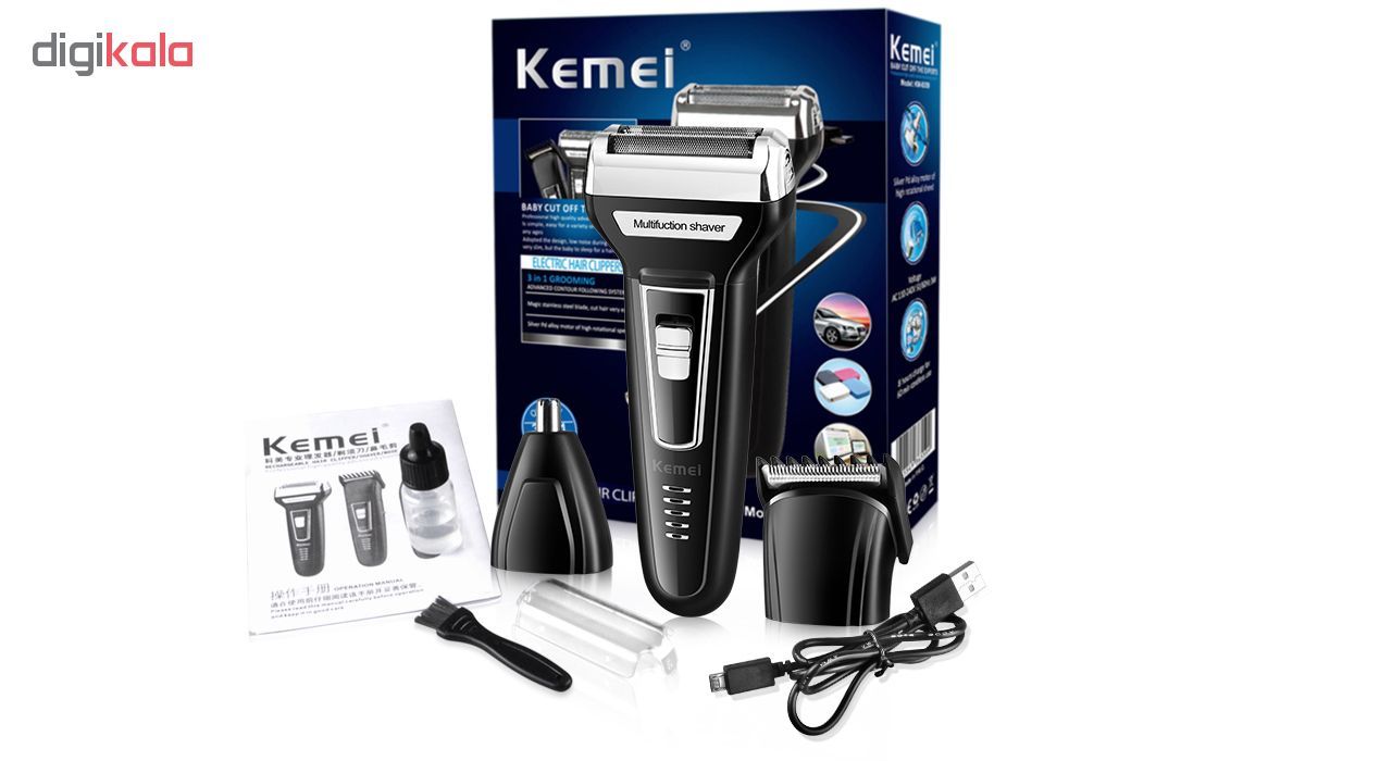 ماشین اصلاح موی صورت کیمی مدل KM-6559، اصلاح به صورت صفر زن، خط زن، دارای سه سری مخصوص برای اصلاح صورت، سر، گوش و بینی، منبع انرژی با کابل USB، تکنولوژی اصلاح به صورت برش چرخشی، مدت زمان شارژ 480 دقیقه و مدت زمان استفاده پس از شارژ 60 دقیقه -  - 4