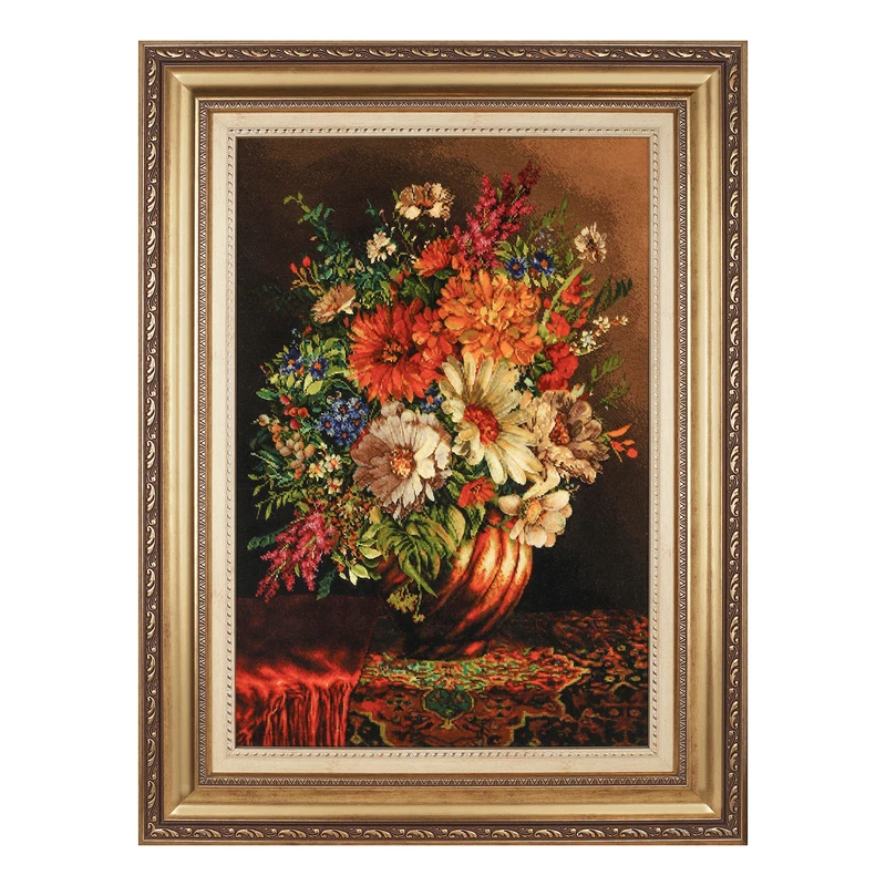 تابلو فرش دستبافت طرح گل داوودی در گلدان سفالی کد ۱۱۰۶ 