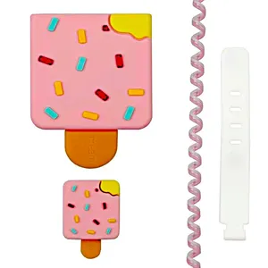 محافظ کابل وال کیس قاب شیک مدل بستنی به همراه محافظ شارژر دیواری مجموعه 4 عددی