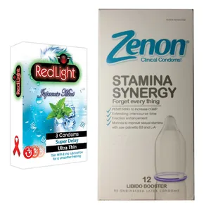 کاندوم زنون مدل Stamina Synergy بسته 12 عددی به همراه یک بسته کاندوم سوپر تاخیری ردلایت مدل Japanese Mint بسته 3 عددی
