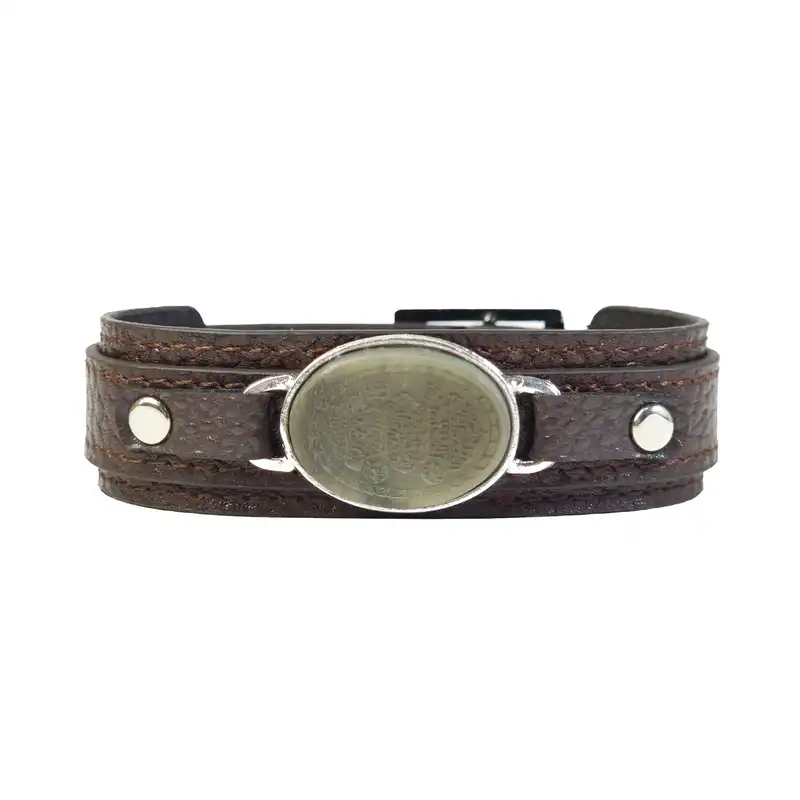 دستبند مدل چرم و سنگ طبیعی یشم طرح آیت الکرسی کد 107