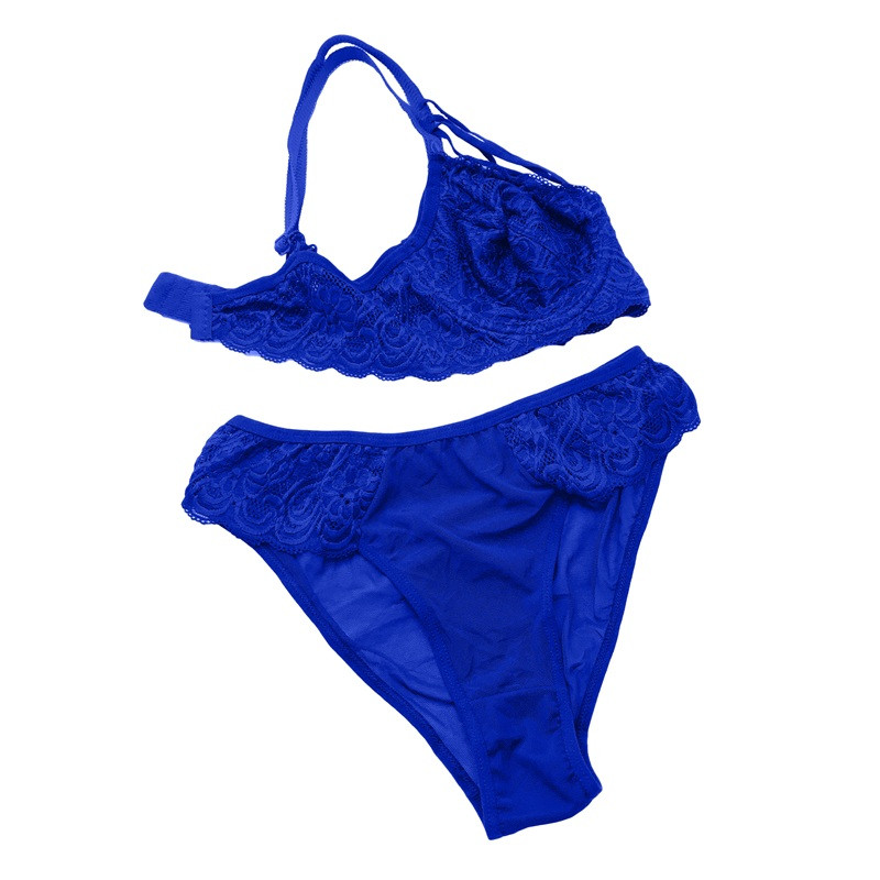 ست شورت و سوتین زنانه مدل دانتل گوشوارهای هارنس رنگ آبی کاربنی