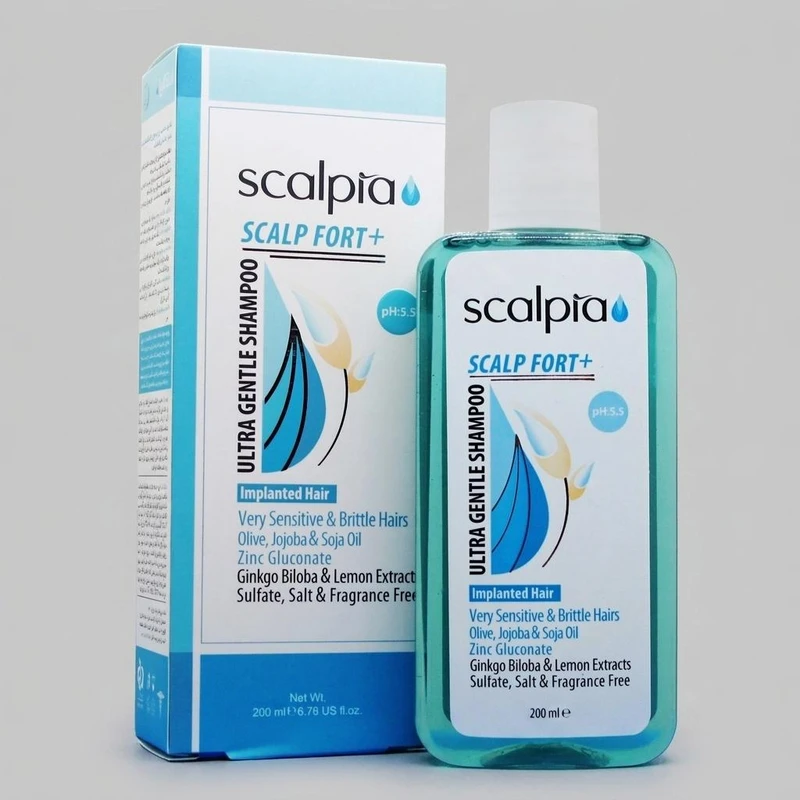 شامپو مو اسکالپیا مدل SCALP FORT حجم 200 میلی‌لیتر، تقویت‌کننده، فاقد سولفات و اسانس، حاوی روغن زیتون، سویا، عصاره جینکوبیلوبا و لیمو، مناسب موهای حساس و شکننده