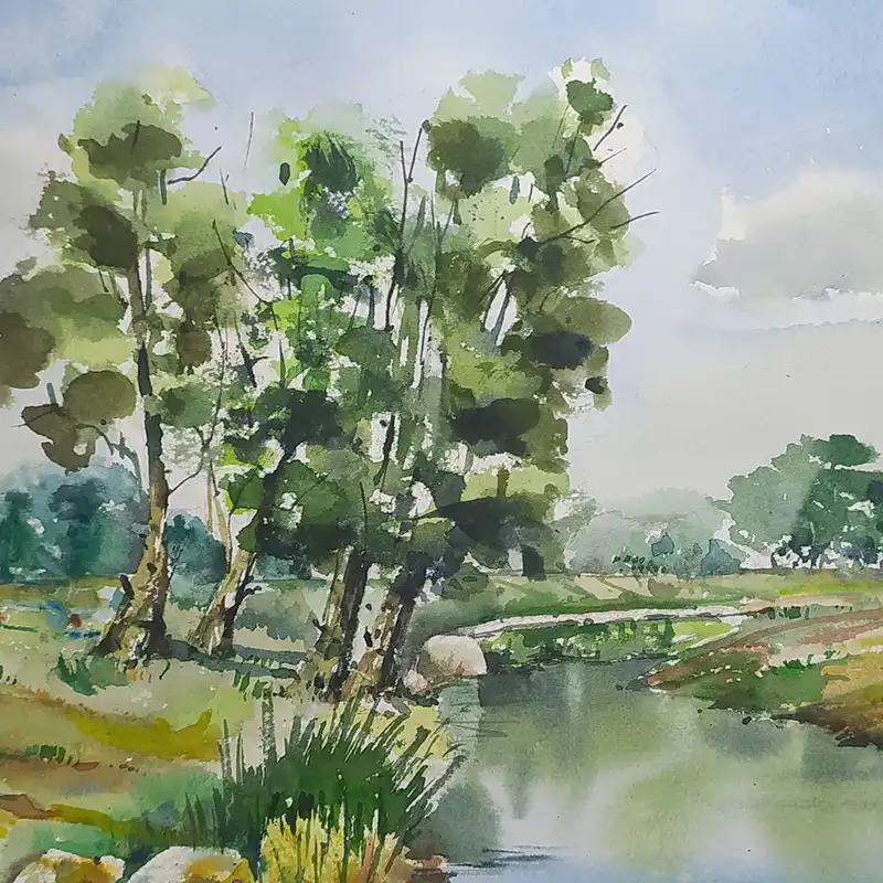 نقاشی آبرنگ طرح تابستان در کنار رودخانه کد 2