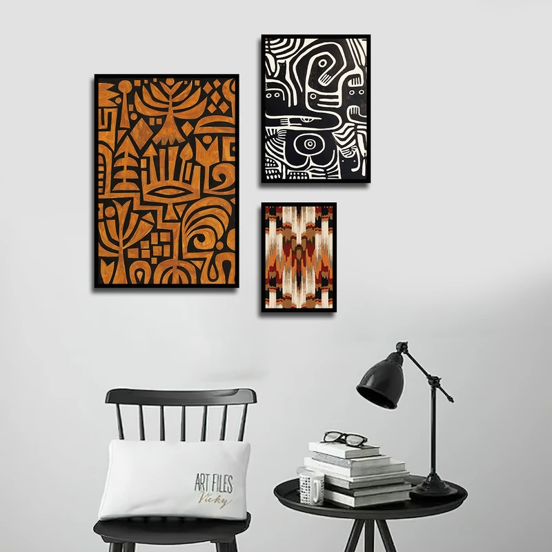 تابلو بکلیت طرح دکوراتیو نقاشی انتزاعی مدل B-3430 فریم مشکی مجموعه 3 عددی