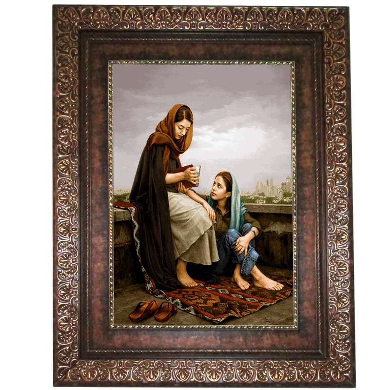 تابلو فرش ماشینی نقش نگار رضوی طرح دختر فال گیر کد 500KP