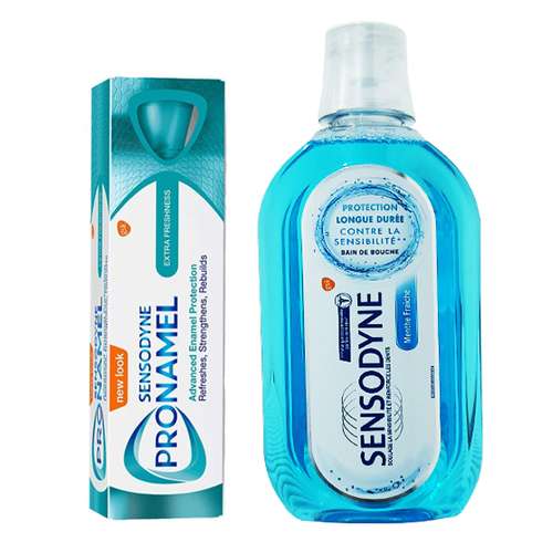 خمیر دندان سنسوداین مدل Pronamel Extra Fresh حجم 75 میلی لیتر به همراه دهانشویه سنسوداین مدل فرش مینت حجم 500 میلی لیتر