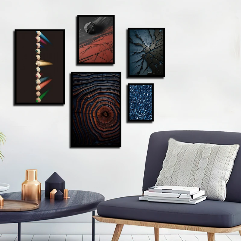 تابلو بکلیت طرح چوب و مداد رنگی مدل B-3368 فریم مشکی مجموعه 5 عددی