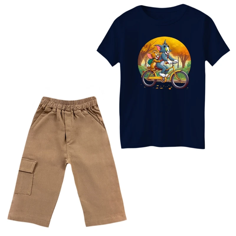 ست تی‌شرت و شلوارک پسرانه مدل تام و جری دوچرخه