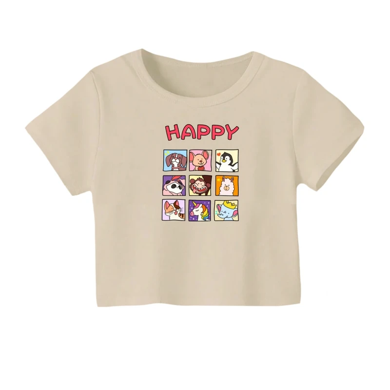 کراپ‌ تی‌شرت آستین کوتاه زنانه مدل حیوانات شاد