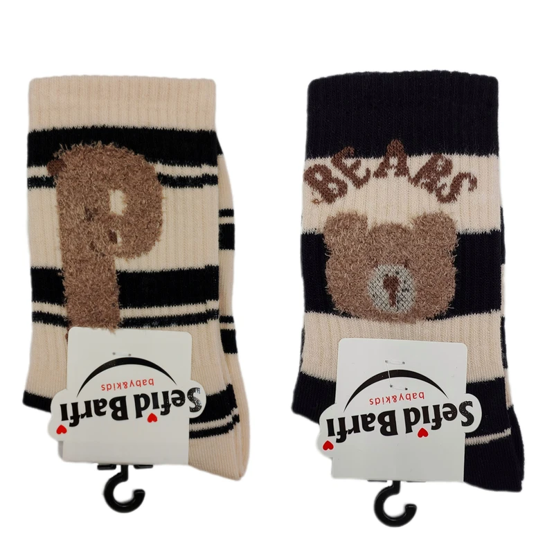 جوراب ساق بلند پسرانه سفید برفی مدل خرسی کد P01 بسته 2 عددی