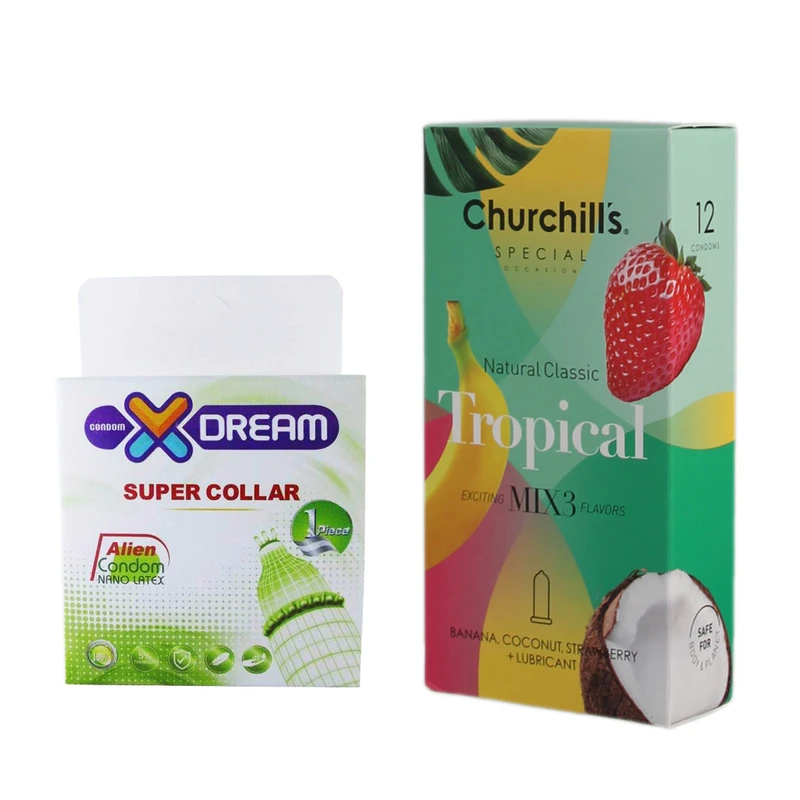 کاندوم چرچیلز مدل Tropical بسته 12 عددی به همراه کاندوم ایکس دریم مدل Super Collar