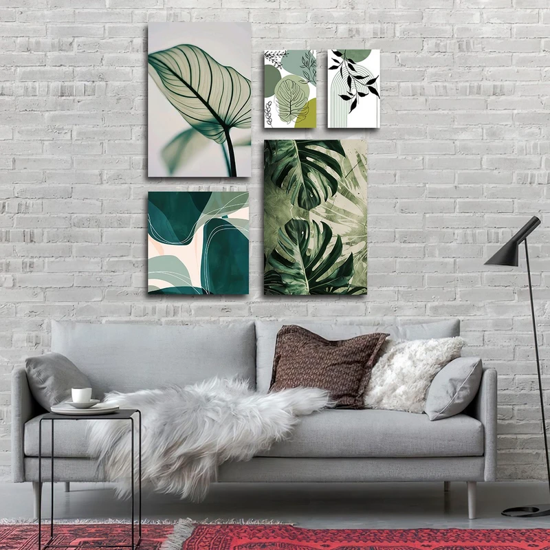 تابلو شاسی بکلیت طرح نقاشی مینیمال و برگ انجیری مدل SH-3075 مجموعه 5 عددی