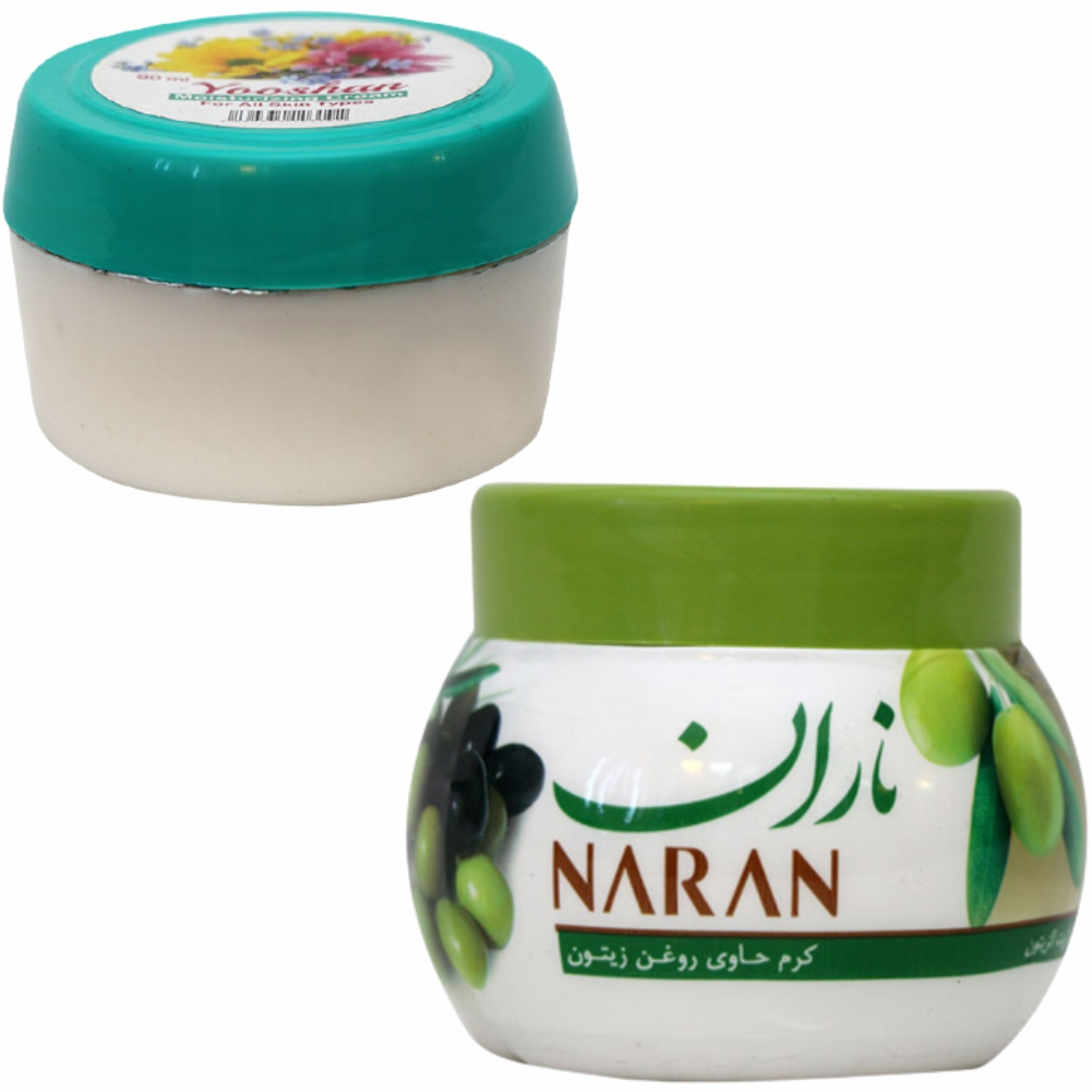کرم نرم کننده یوشان مدل گل حجم 90 میلی لیتر به همراه کرم مرطوب کننده ناران مدل زیتون حجم 180 میلی لیتر