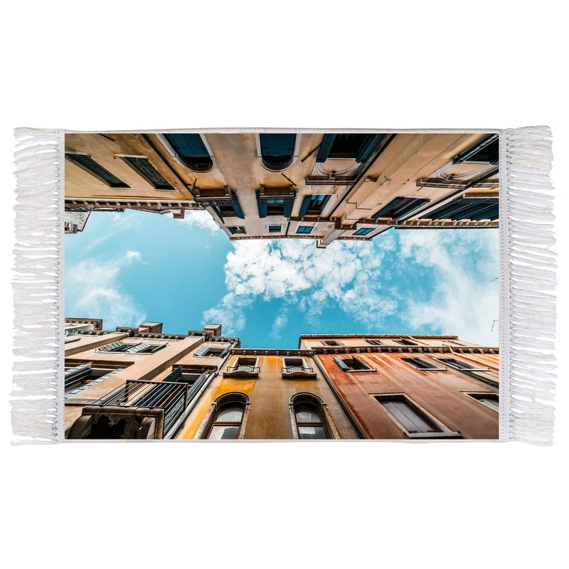 فرش ماشینی دیوارکوب اطلس آبی طرح آسمان و ساختمان مدل T1800 