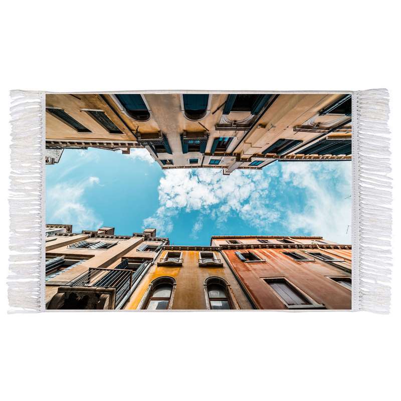 فرش ماشینی دیوارکوب اطلس آبی طرح آسمان و ساختمان مدل T1800 