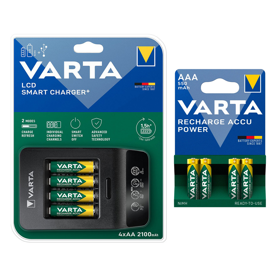 شارژر باتری وارتا مدل LCD SMART CHARGER به همراه چهار عدد باتری نیم قلمی