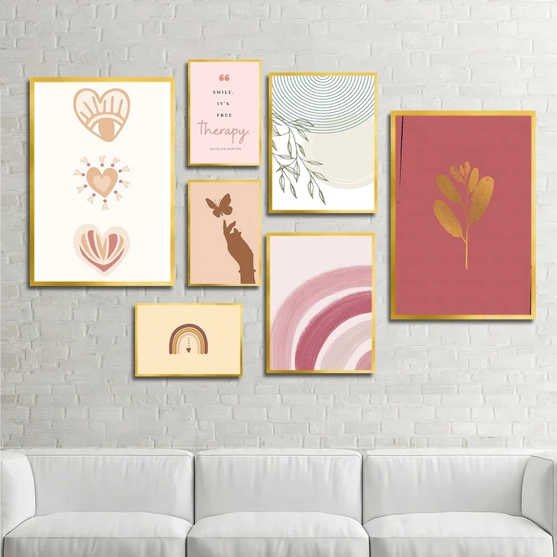 تابلو بکلیت طرح مدرن نقاشی مینیمال قلب و رنگین کمان مدل T-2303 مجموعه 7 عددی