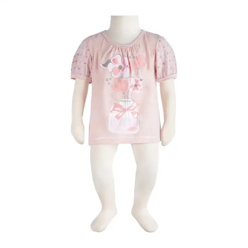 بلوز آستین کوتاه نوزادی آدمک مدل پفکی گلدان کد 140569 رنگ صورتی