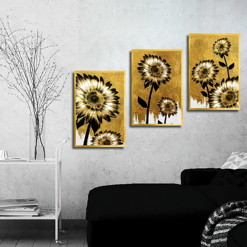 تابلو بکلیت طرح گل آفتابگردان طلایی شاین اکلیلی T-2466 فریم طلایی مجموعه 3 عددی