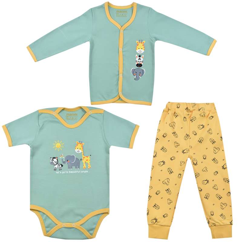 ست 3 تکه لباس نوزادی مانینی مدل زرافه کد 1 رنگ سبز