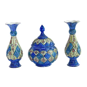 ست سه تکه قندان و گلدان میناکاری کد 1163