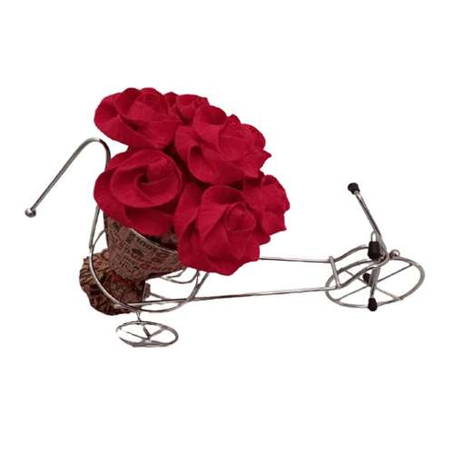استند گلدان مدل دوچرخه به همراه دسته گل رز مصنوعی