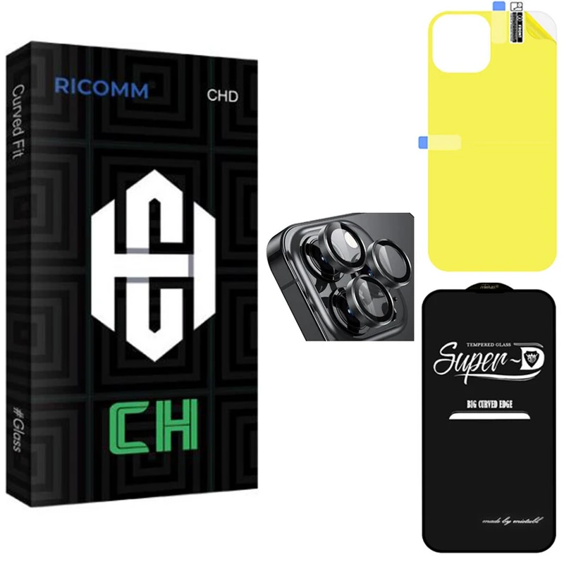   محافظ صفحه نمایش شیشه ای ریکام مدل CH Super-D مناسب برای گوشی موبایل اپل iPhone 14pro به همراه محافظ پشت گوشی و لنز دوربین