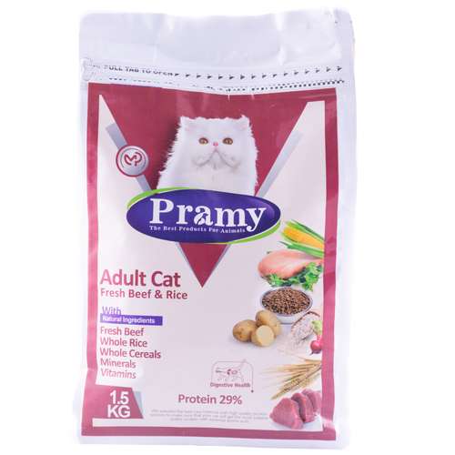 غذای خشک گربه پرامی مدل adult cat meat and rice وزن 1.5 کیلوگرم