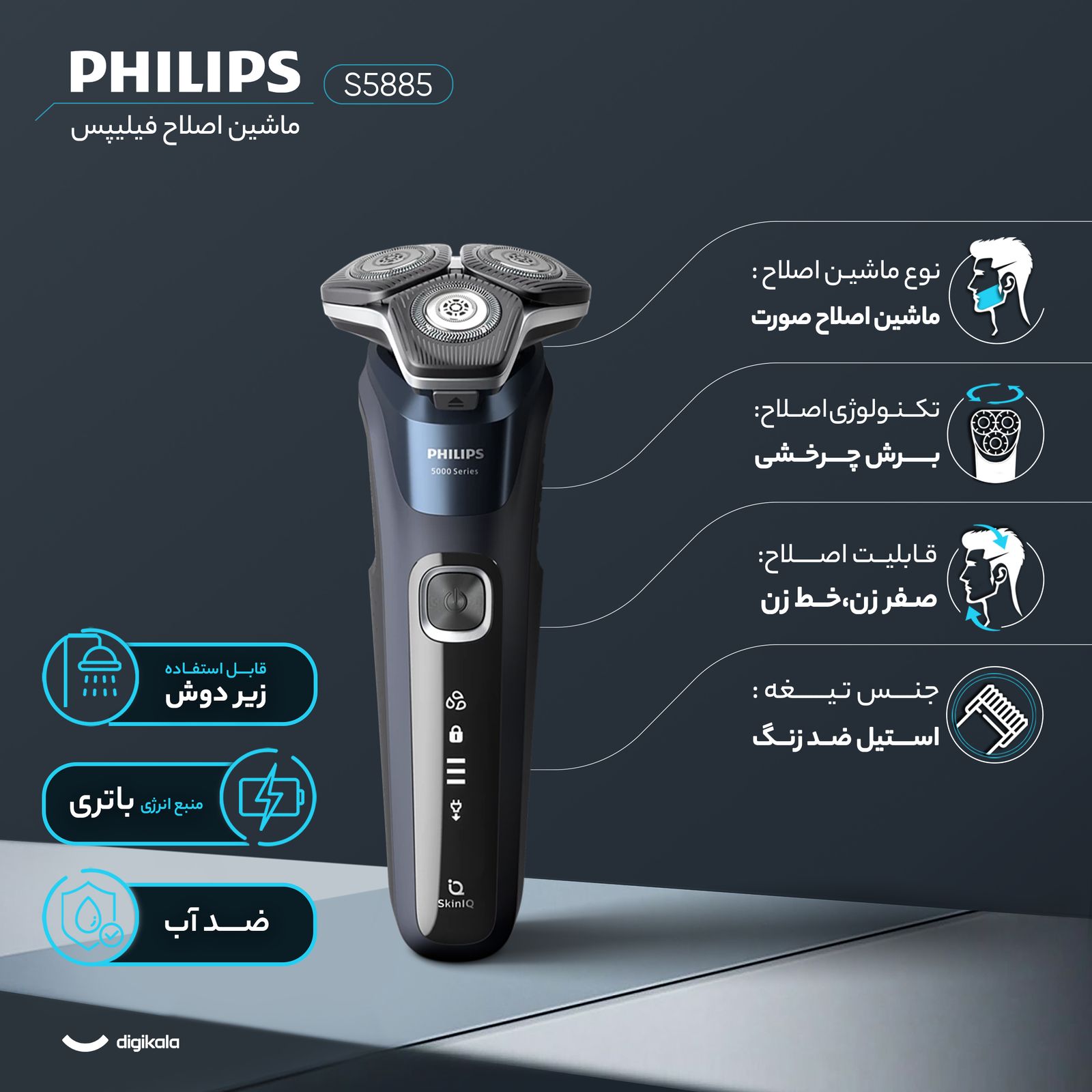 ماشین اصلاح موی صورت فیلیپس مدل S5885، اصلاح به صورت صفر زن و خط زن، طراحی ارگونومیک، منبع انرژی با باتری، تکنولوژی اصلاح به صورت برش چرخشی، اندازه اصلاح 0.2 میلی‌متر، مدت زمان شارژ 60 دقیقه و مدت زمان استفاده پس از شارژ 60 دقیقه، ضد آب، به همراه کیف -  - 2